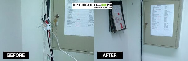 Before and after of a small commercial wiring panel